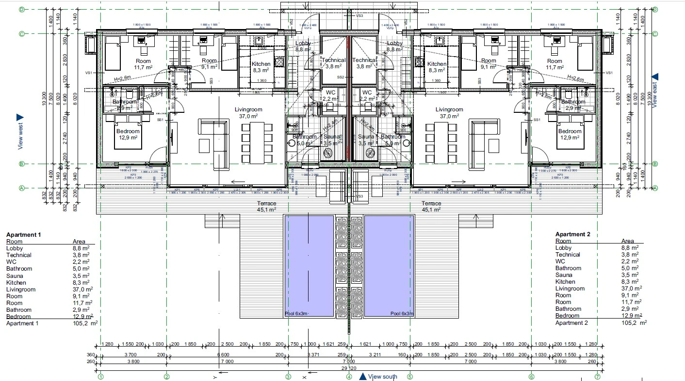Půdorys — grafické schéma dispozice 105,2 m²